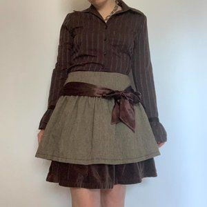 Y2K Satin Bow Wool Blend Skirt With Chocolate Brown Velvet Details